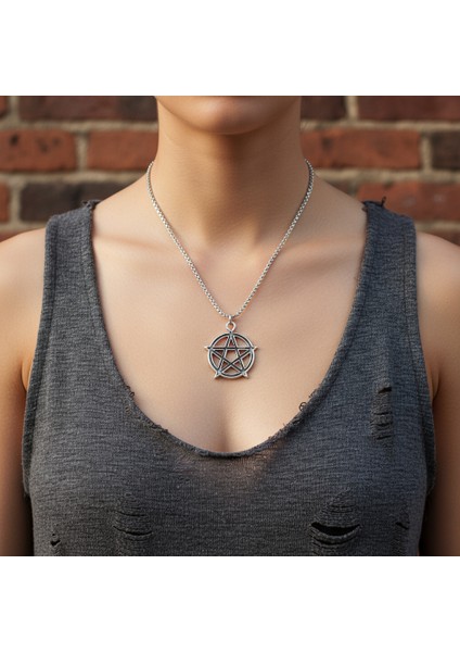 Pentagram Yıldızı Gümüş Kaplama Örme Zincir Kolye