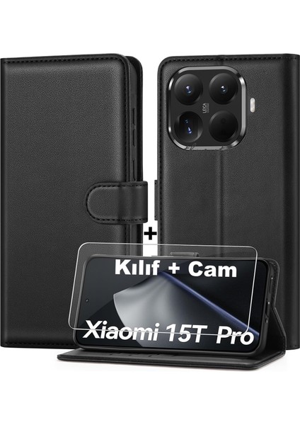 Xiaomi Mi 15T Pro Kılıf 360 Cüzdanlı Standlı Kartlıklı Deri Dokulu Kartvizitli Silikon + Ekran Koruyucu Cam Set 2in1