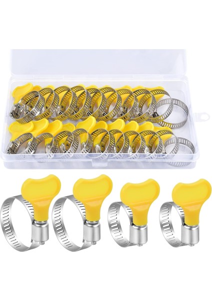 Paslanmaz Çelik Hortum Kelepçesi, 10 Adet 16-25 mm ve 10 Adet 19-29 mm Anahtar Tipi Ayarlanabilir Hortum Kelepçesi, Sarı Plastik Saplı Paslanmaz Çelik Sonsuz Dişli Kelepçesi