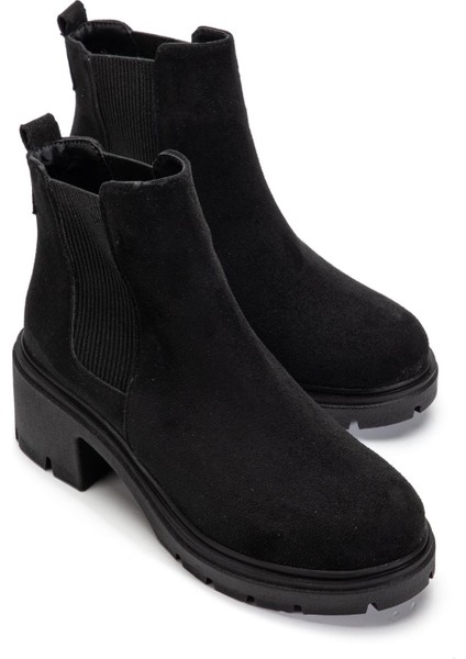 Kadın Topuklu Bot Siyah Süet Yan Elastik Fermuarsız Kalın Taban