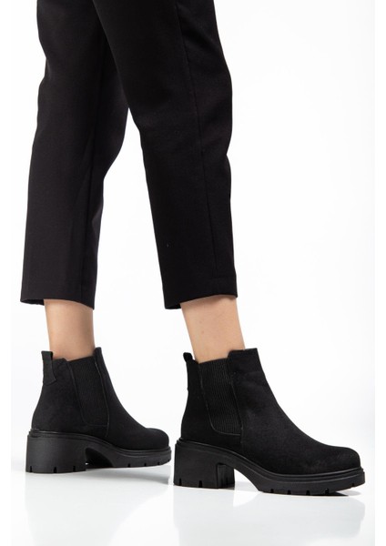 Kadın Topuklu Bot Siyah Süet Yan Elastik Fermuarsız Kalın Taban fiyatları