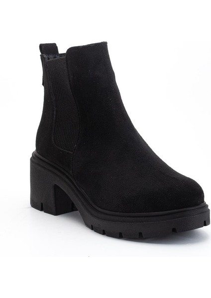 Kadın Topuklu Bot Siyah Süet Yan Elastik Fermuarsız Kalın Taban fırsatları