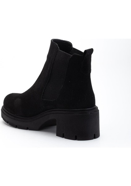 Kadın Topuklu Bot Siyah Süet Yan Elastik Fermuarsız Kalın Taban indirimleri