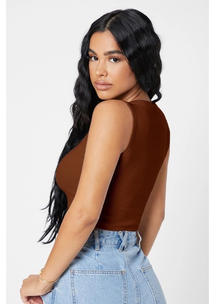 Kadın Kahverengi Kare Yaka Crop Top Bluz fiyatları
