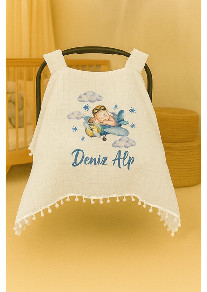 Kişiye Özel Isimli Uçak Desenli Puset Örtüsü - Bebek Arabası Örtüsü