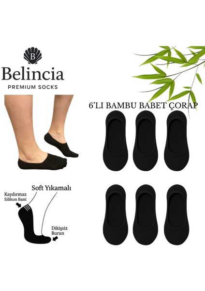 Bambu Kadın Babet Dikişsiz Siyah Çorap Görünmez Kaydırmaz Topuk Silikonlu 6'lı Paket