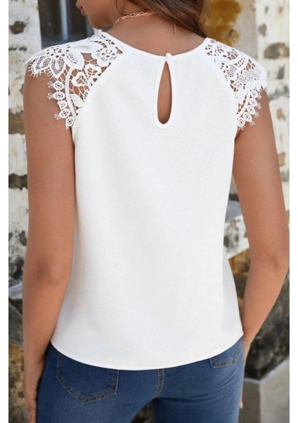 Bisiklet Yaka Dantel Detaylı Ithal Krep Bluz - Beyaz modelleri