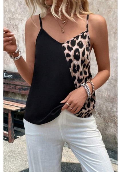 Ip Askılı Leopar Desenli Viskon Bluz - Siyah