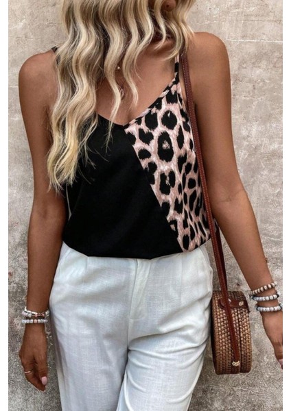Ip Askılı Leopar Desenli Viskon Bluz - Siyah fiyatları