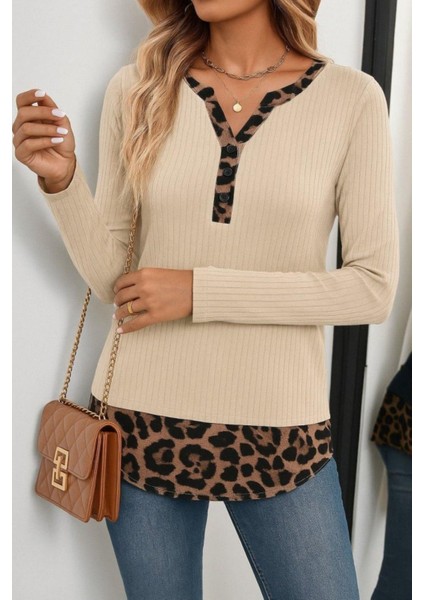 Düğmeli Leopar Detaylı Kaşkorse Bluz - Bej fiyatları