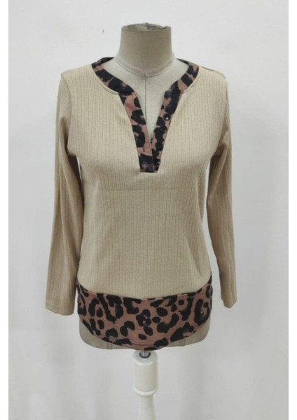Düğmeli Leopar Detaylı Kaşkorse Bluz - Bej modelleri