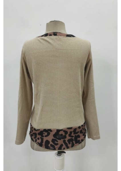 Düğmeli Leopar Detaylı Kaşkorse Bluz - Bej fırsatları