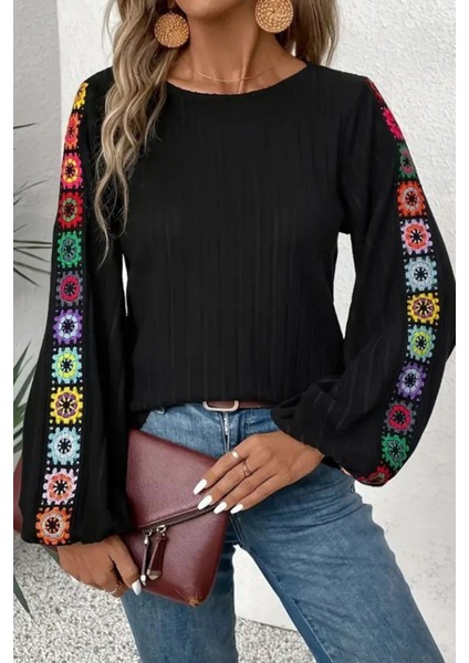 Kayık Yaka Örgü Detaylı Şordonlu Dalgıç Bluz - Siyah