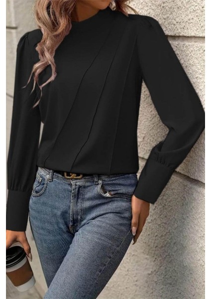 Balıkçı Yaka Dikiş Detaylı Dokuma Bluz - Siyah