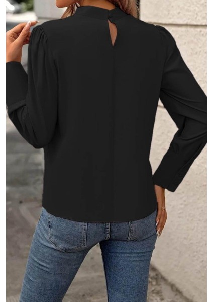 Balıkçı Yaka Dikiş Detaylı Dokuma Bluz - Siyah fiyatları