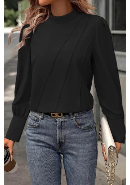 Balıkçı Yaka Dikiş Detaylı Dokuma Bluz - Siyah modelleri