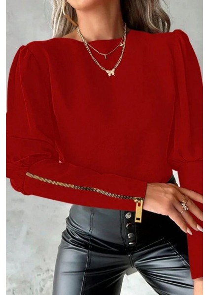Bisiklet Yaka Fermuar Detaylı Ithal Krep Bluz - Kırmızı