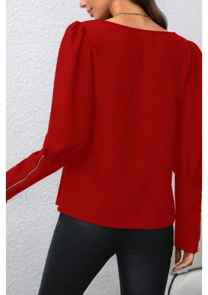 Bisiklet Yaka Fermuar Detaylı Ithal Krep Bluz - Kırmızı modelleri