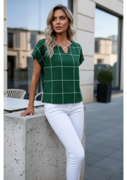 Ekose Desen Çentik Yaka Mikro Bluz Yeşil