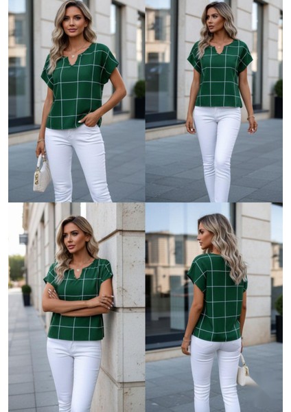 Ekose Desen Çentik Yaka Mikro Bluz Yeşil modelleri