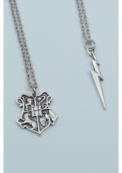 2'li Harry Potter Hogwarts Sembol Şimşek İzi Gümüş Kaplama Kolye Seti