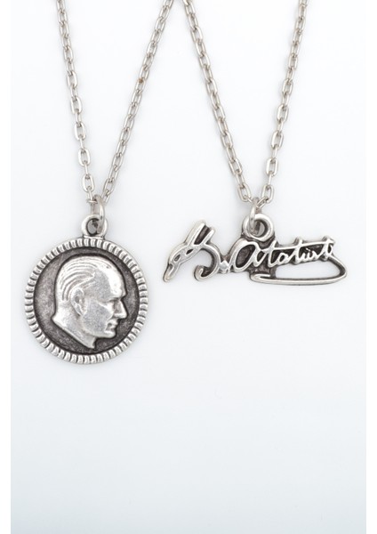 2'li Kemal Atatürk İmza - Madalyon Gümüş Kaplama Kolye Seti