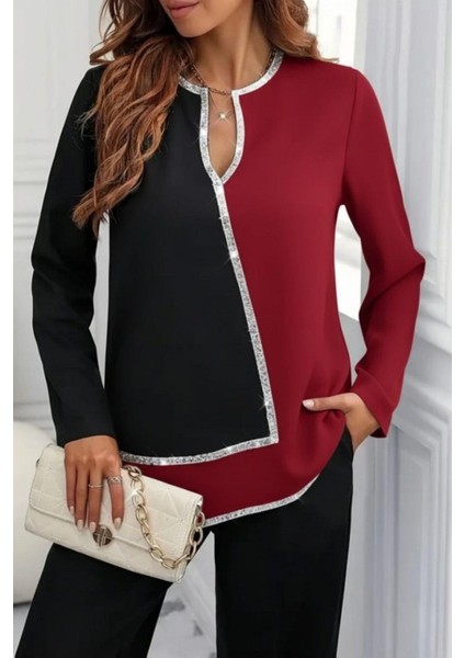 V Yaka Pulpayet Detaylı Ithal Krep Bluz - Kırmızı