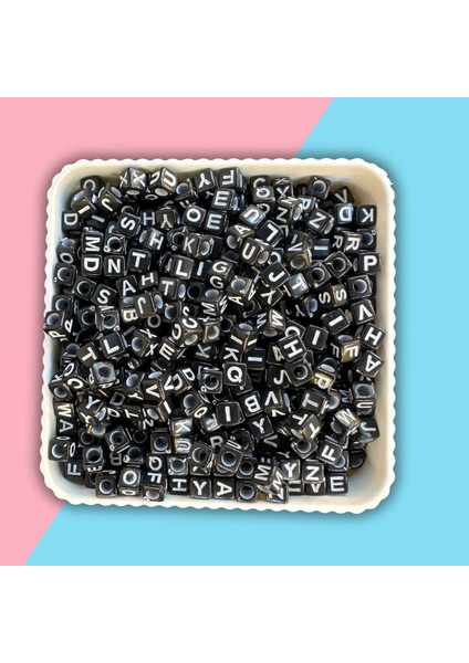Harf Boncuk Küp Şekilli Siyah Üzeri Beyaz Takı Yapım Boncuğu - MCHS21-5 (25 Gram)