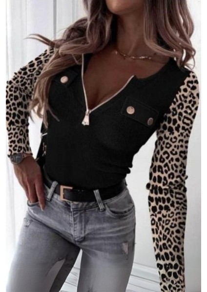 Fermuarlı Cep ve Düğme Detay Kaşkorse Bluz Siyah