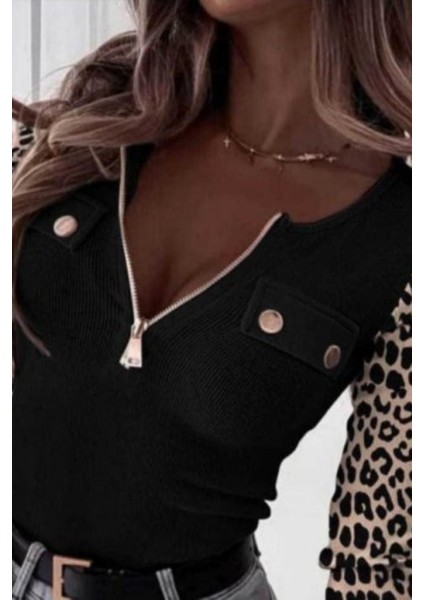 Fermuarlı Cep ve Düğme Detay Kaşkorse Bluz Siyah fiyatları