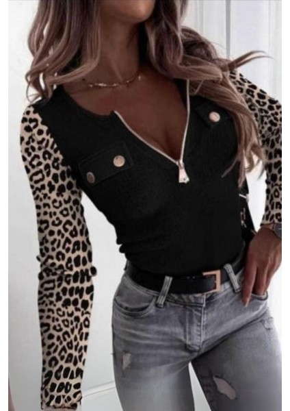 Fermuarlı Cep ve Düğme Detay Kaşkorse Bluz Siyah modelleri