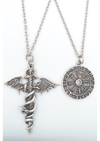 2'li Viking Pusula Sembol - Kılıç Yarasa Yılan Gümüş Kaplama Kolye Seti