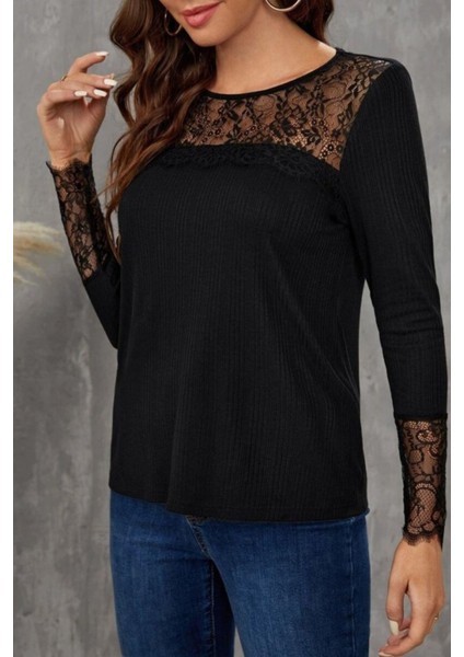 Uzun Kollu Dantel Detaylı Burgu Bluz - Siyah