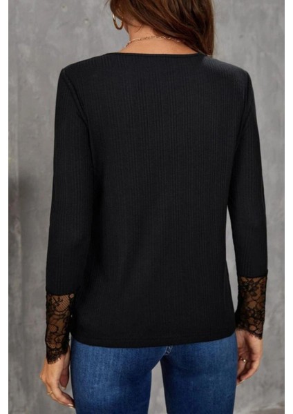 Uzun Kollu Dantel Detaylı Burgu Bluz - Siyah fiyatları