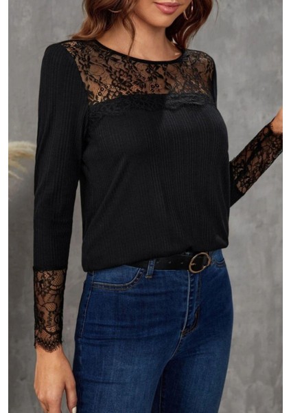 Uzun Kollu Dantel Detaylı Burgu Bluz - Siyah modelleri