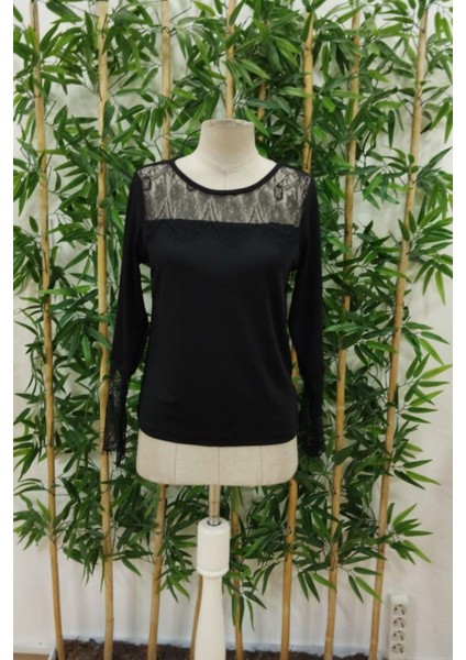 Uzun Kollu Dantel Detaylı Burgu Bluz - Siyah fırsatları