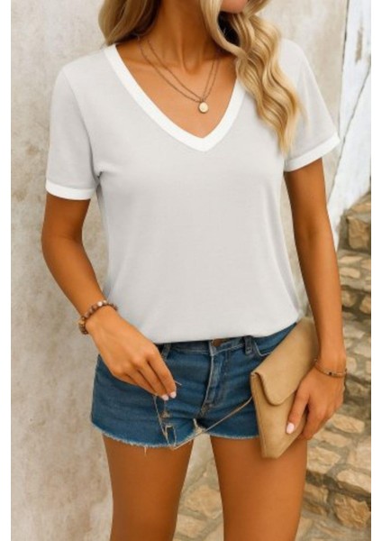 V Yaka Kısa Kollu Viskon Bluz - Gri fiyatları