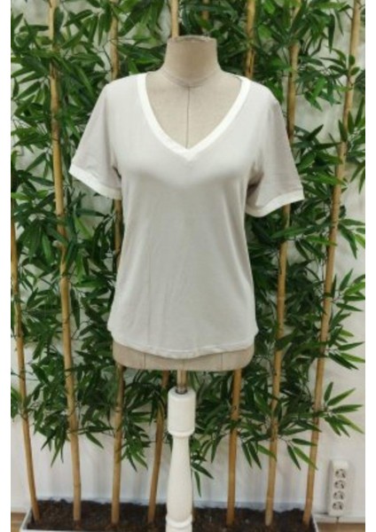 V Yaka Kısa Kollu Viskon Bluz - Gri fırsatları