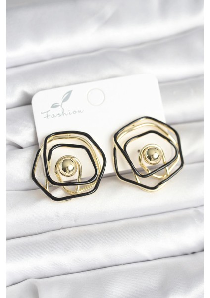 Bfs Pirinç Gold Renk Siyah Mineli Geometrik Gül Model Kadın Küpe