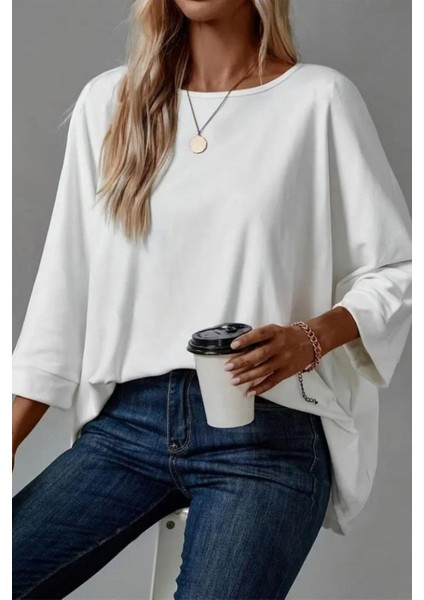 Salaş Kesim Geniş Bisiklet Yaka Viskon Bluz - Beyaz