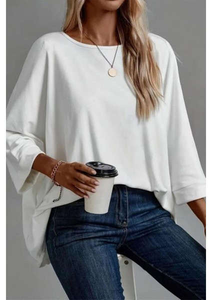 Salaş Kesim Geniş Bisiklet Yaka Viskon Bluz - Beyaz modelleri