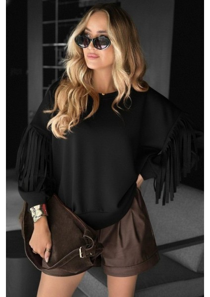 Bisiklet Yaka Püskül Detaylı Modal Bluz - Siyah