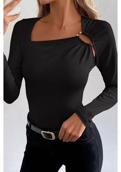 Halka Detaylı Viskon Bluz - Siyah