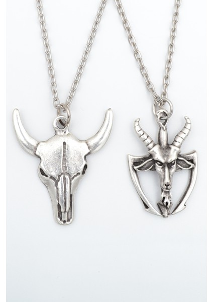 2'li Buffalo - Boğa Kuru Kafa - Pagan - Keçi Şeytan Gümüş Kaplama Kolye Seti