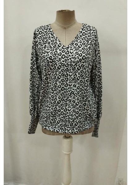 V Yaka Lastikli Manşetli Balon Kol Süprem Bluz - Leopar fırsatları