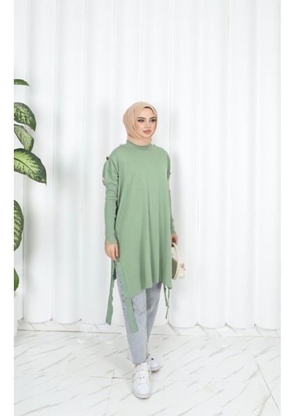 Düğme Detaylı Merserize Tunik