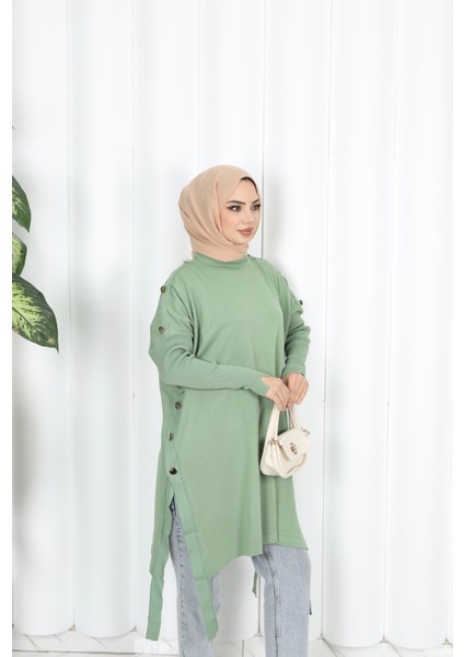 Düğme Detaylı Merserize Tunik modelleri