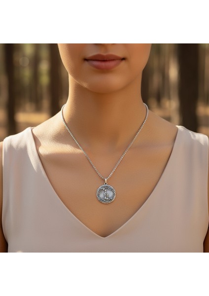 Anne Çocuk - Hayat Ağacı Gümüş Kaplama Örme Zincir Kolye