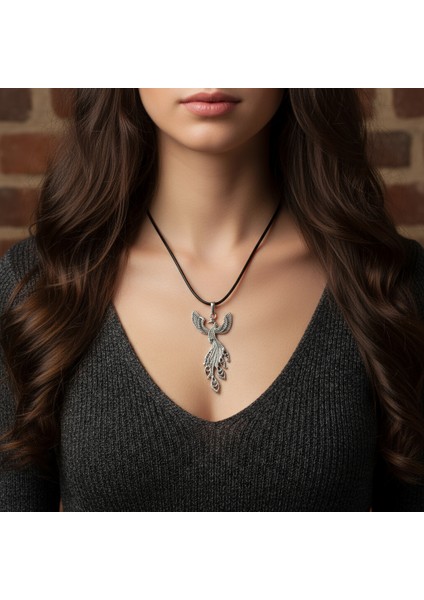 Efsanevi Zümrüdü Anka Kuşu Gümüş Kaplama Deri İp Kolye