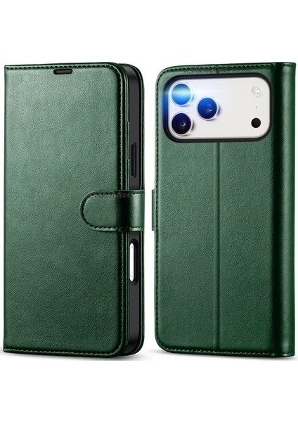 iPhone 17 Pro Kılıf 360 Tam Kaplar Deri Dokulu Kapaklı Cüzdan Standlı Kartvizitli Kopçalı